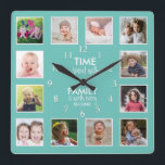 12 Photo Collage Time With Family Quote Teal Square Wall Clock<br><div class="desc">Custom photo clock with the inspiring family quote "Time spent with family is worth every second”. Personalise with 12 of your favourite family photos.</div>