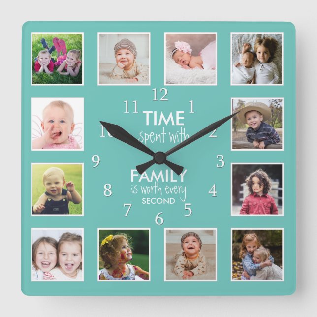 12 Photo Collage Time With Family Quote Teal Square Wall Clock (Front)