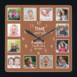 12 Photo Collage Time With Family Quote Terracotta Square Wall Clock<br><div class="desc">Custom photo clock with the inspiring family quote "Time spent with family is worth every second”. Personalise with 12 of your favourite family photos.</div>