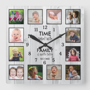 12 Photo Collage Time With Family Quote White Wood Square Wall Clock