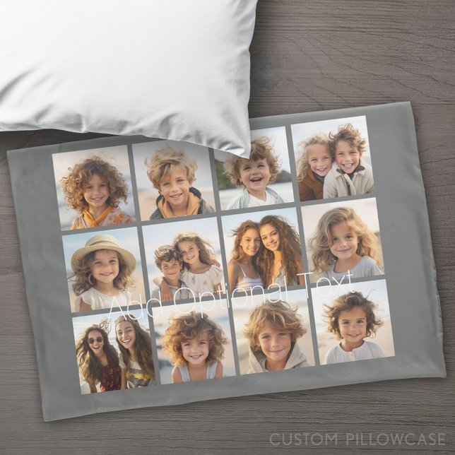 12 Photo Collage with Custom Background Grey Pillowcase (Custom Pillowcase)