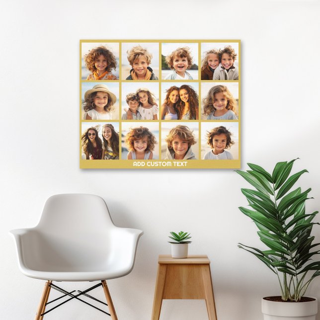 12 Photo Collage with Gold Background Canvas Print (Personalized wall art with 12 photos)