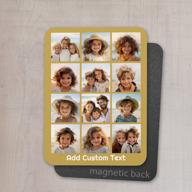 12 Photo Collage with Gold Background Magnet (Personalized refrigerator magnet with photo collage and custom text - add 12 photos to this design)