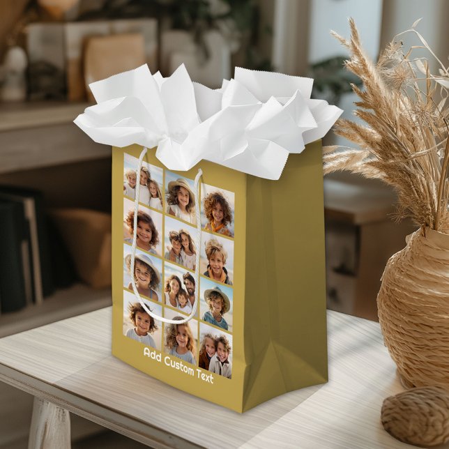 12 Photo Collage with Gold Background Medium Gift Bag (Custom Gift Bag)