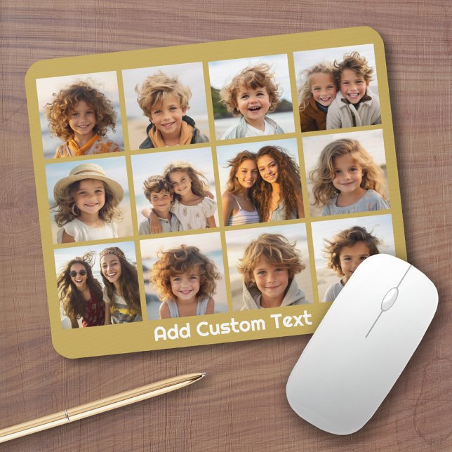 12 Photo Collage with Gold Background Mouse Mat (Personalized mousepad - Add Photos and Custom Text)