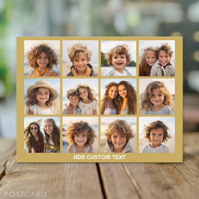 12 Photo Collage with Gold Background Postcard (Custom Personalized Photo Collage Postcard)