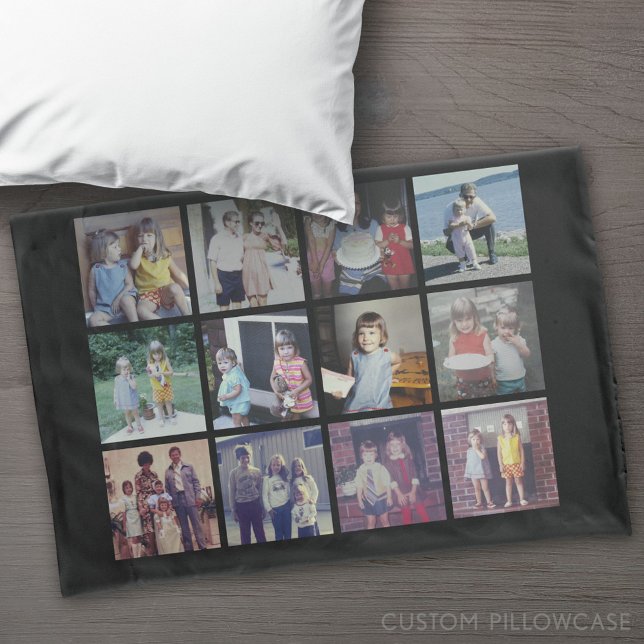12 Photo Collage with Text on Back - Black Pillowcase (Custom Pillowcase)