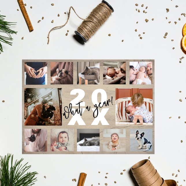 12 Photo Collage Year in Review Rustic Pine Wood Holiday Card (Creator Uploaded)