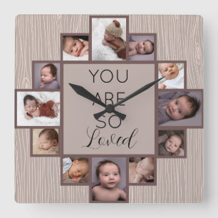 12 Photo Collage You are so Loved Quote Wood Square Wall Clock