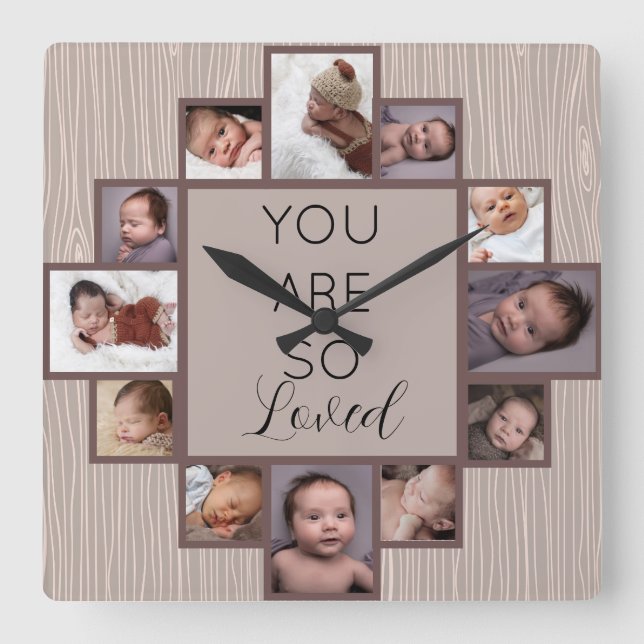 12 Photo Collage You are so Loved Quote Wood Square Wall Clock (Front)