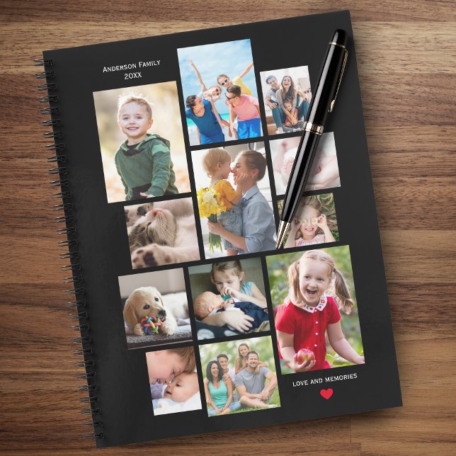 12 Photo Family Memory Collage with Heart on Black Notebook (Creator Uploaded)