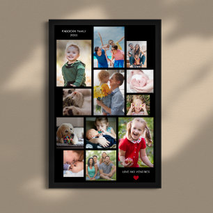 12 Photo Family Memory Collage with Heart on Black Poster