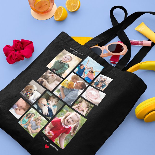 12 Photo Family Memory Collage with Heart on Black Tote Bag (Creator Uploaded)
