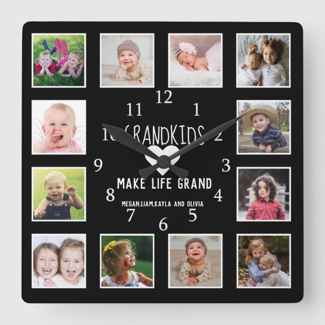 12 Photo Grandkids Make Life Grand Quote Black Square Wall Clock (Front)