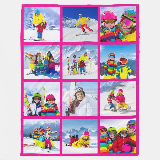 12 Photo Grid Collage Hot Pink  Fleece Blanket (Front)