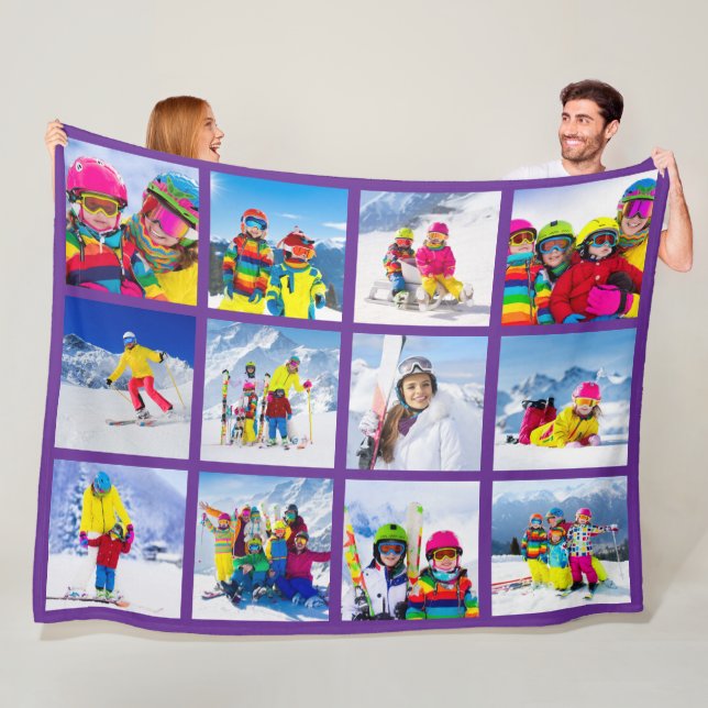 12 Photo Grid Collage Royal Purple Fleece Blanket (In Situ)