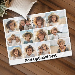 12 Photo Grid Collage - White - Mod Type Black Fleece Blanket