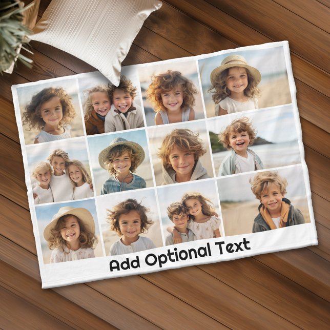 12 Photo Grid Collage - White - Mod Type Black Fleece Blanket (Personalized fleece blanket with 12 photos and custom text)