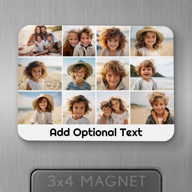 12 Photo Grid Collage - White - Mod Type Black Magnet (Personalized fridge magnet - add photos and custom text)