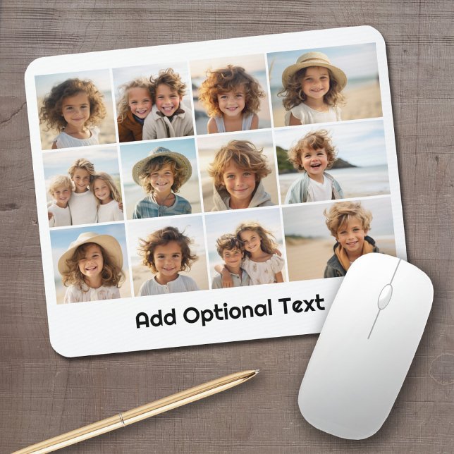 12 Photo Grid Collage - White - Mod Type Black Mouse Mat (Personalized mouse pad with your photos and text)