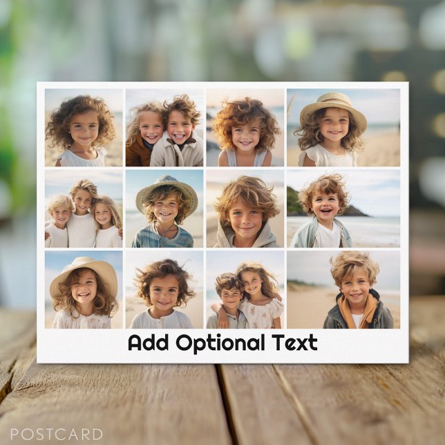 12 Photo Grid Collage - White - Mod Type Black Postcard (Custom Personalized Photo Collage Postcard)