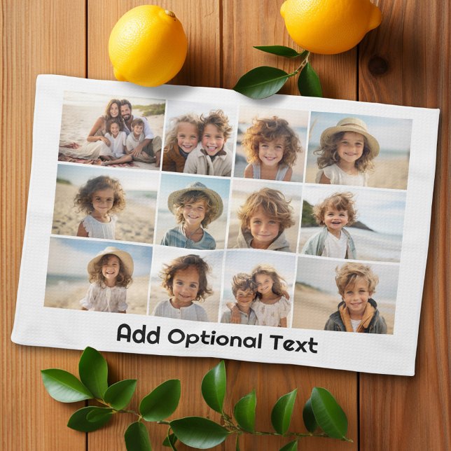12 Photo Grid Collage - White - Mod Type Black Tea Towel (Personalized kitchen towel with photo collage)