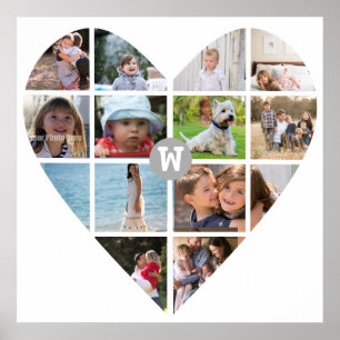 12 Photo Heart Collage Family Monogram Poster