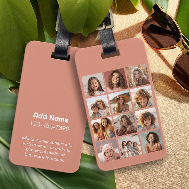 12 Photo Instagram Collage - Pastel Coral Rose Luggage Tag (Personalized Luggage Tag)