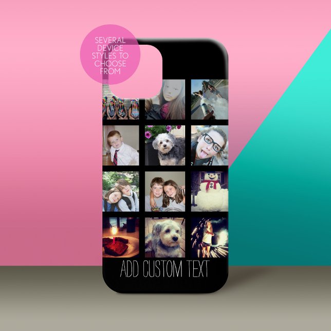 12 Photo Instagram Collage with Black Background (Personalized Phone Case with Custom Photos and Text - Pick Your Device Style)
