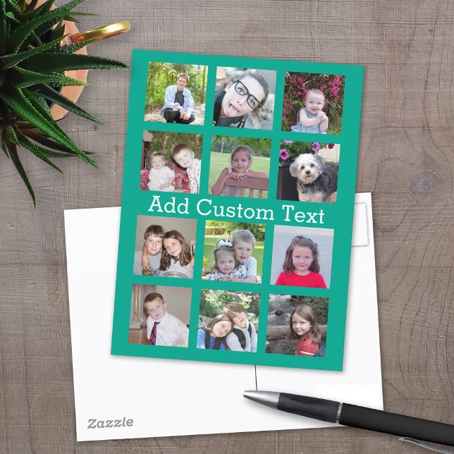 12 Photo Instagram Collage with Green Background Postcard (12 Photo personalized postcard)