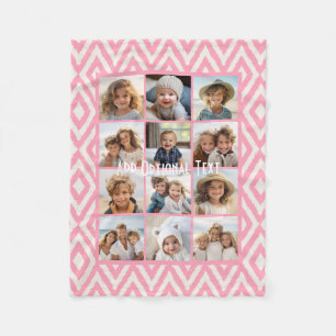 12 Photo Instagram Collage with Pink Ikat Pattern Fleece Blanket