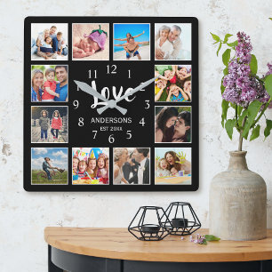 12 Photo Template Family Love Script Modern Black Square Wall Clock