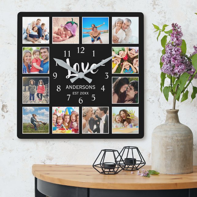 12 Photo Template Family Love Script Modern Black Square Wall Clock (Creator Uploaded)