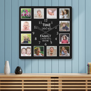 12 Photo Template Time With Family Quote Black Square Wall Clock