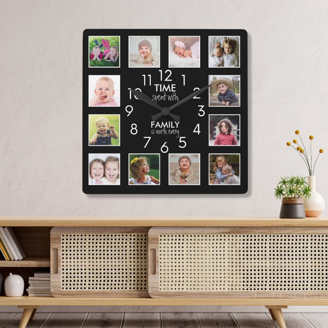 12 Photo Template Time With Family Quote Black Square Wall Clock (Creator Uploaded)