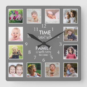 12 Photo Template Time With Family Quote Gray Square Wall Clock