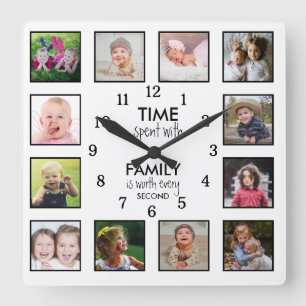 12 Photo Template Time With Family Quote White Square Wall Clock