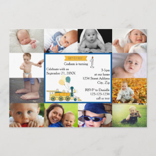 12 Photos Birthday Train Blue- Birthday Invitation