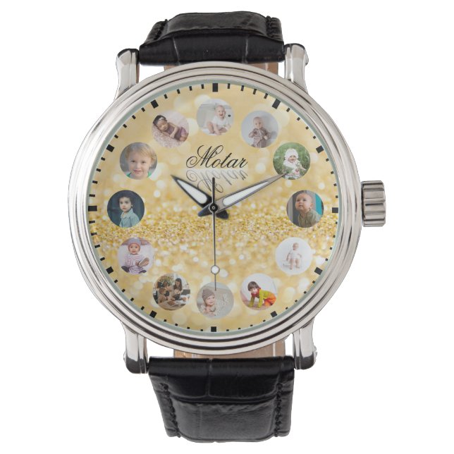 12 Photos collage Golden style Clock Watch (Front)