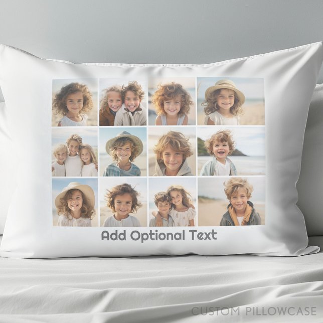 12 Photos on White - Modern, Minimal with Text Pillowcase (Create Your Own Photo Collage Pillowcase)