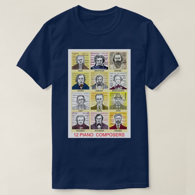 12 Piano Composer Portraits  T-Shirt (Design Front)