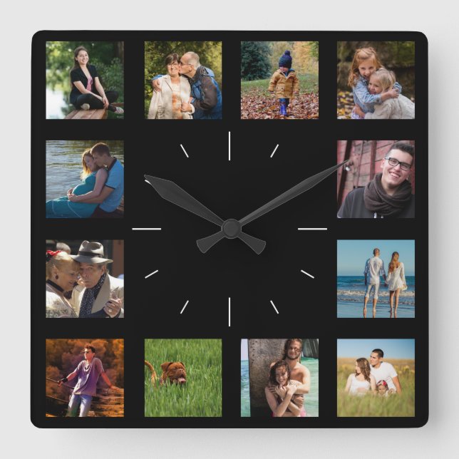 12 Picture Family Photo ✨  Collage Custom  Square Wall Clock (Front)
