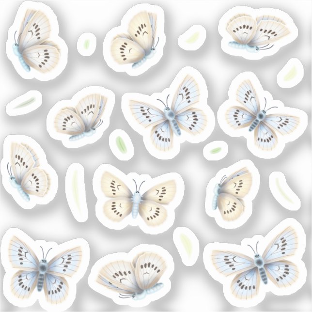 12 Pretty Blue & Cream Butterflies Decal Set (Front)
