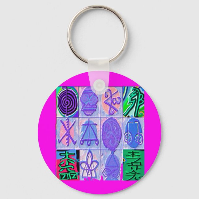 12 Reiki n Karuna Reiki Signs - Pink Border Key Ring (Front)