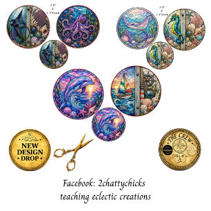 12" Rounds Stained Glass Ocean Scenes Decoupage Wrapping Paper Sheet