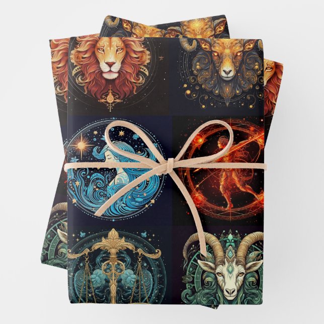 12 Signs of the Zodiac Beautiful Birthday Wrapping Paper Sheet (In situ)