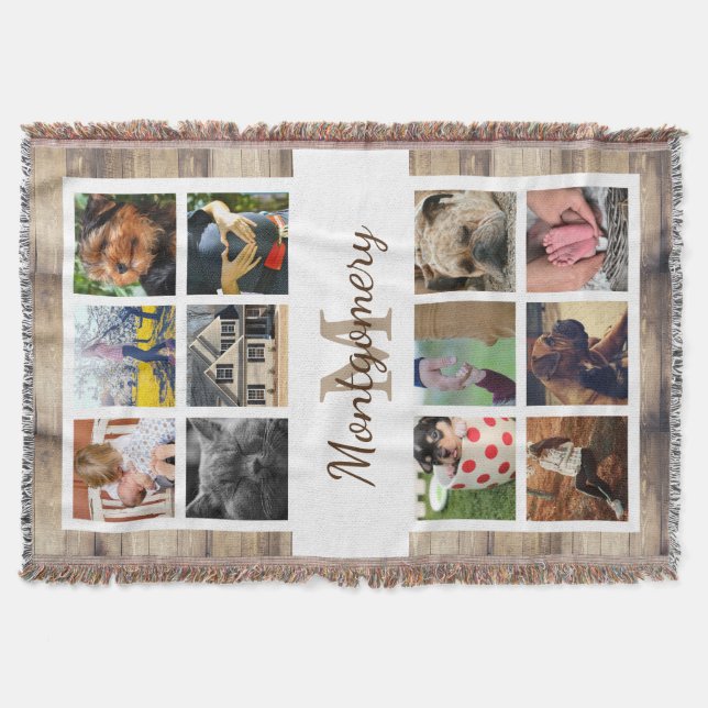 12 Square Photos Family Name and Monogram Throw Blanket (Front)