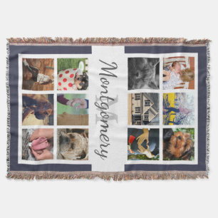 12 Square Photos Family Name and Monogram Throw Blanket