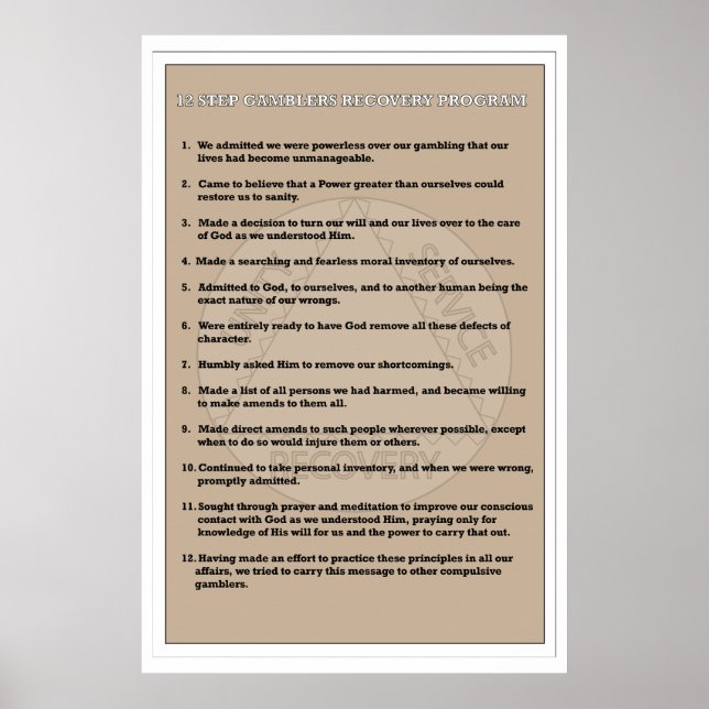 12 Step Gamblers Addiction Recovery Poster (Front)