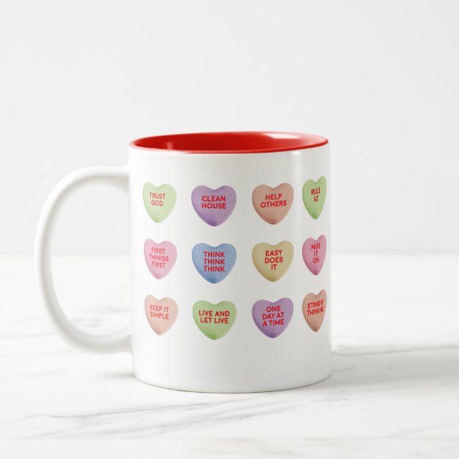 12 Step Recovery Slogan in Conversation Hearts Mug (Left)